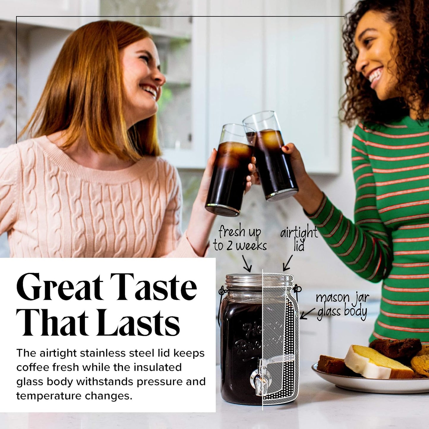 Willow & Everett Cold Brew Coffee Maker - 2 L Iced Tea & Coffee Maker with Glass Pitcher, Stainless Steel Spout,