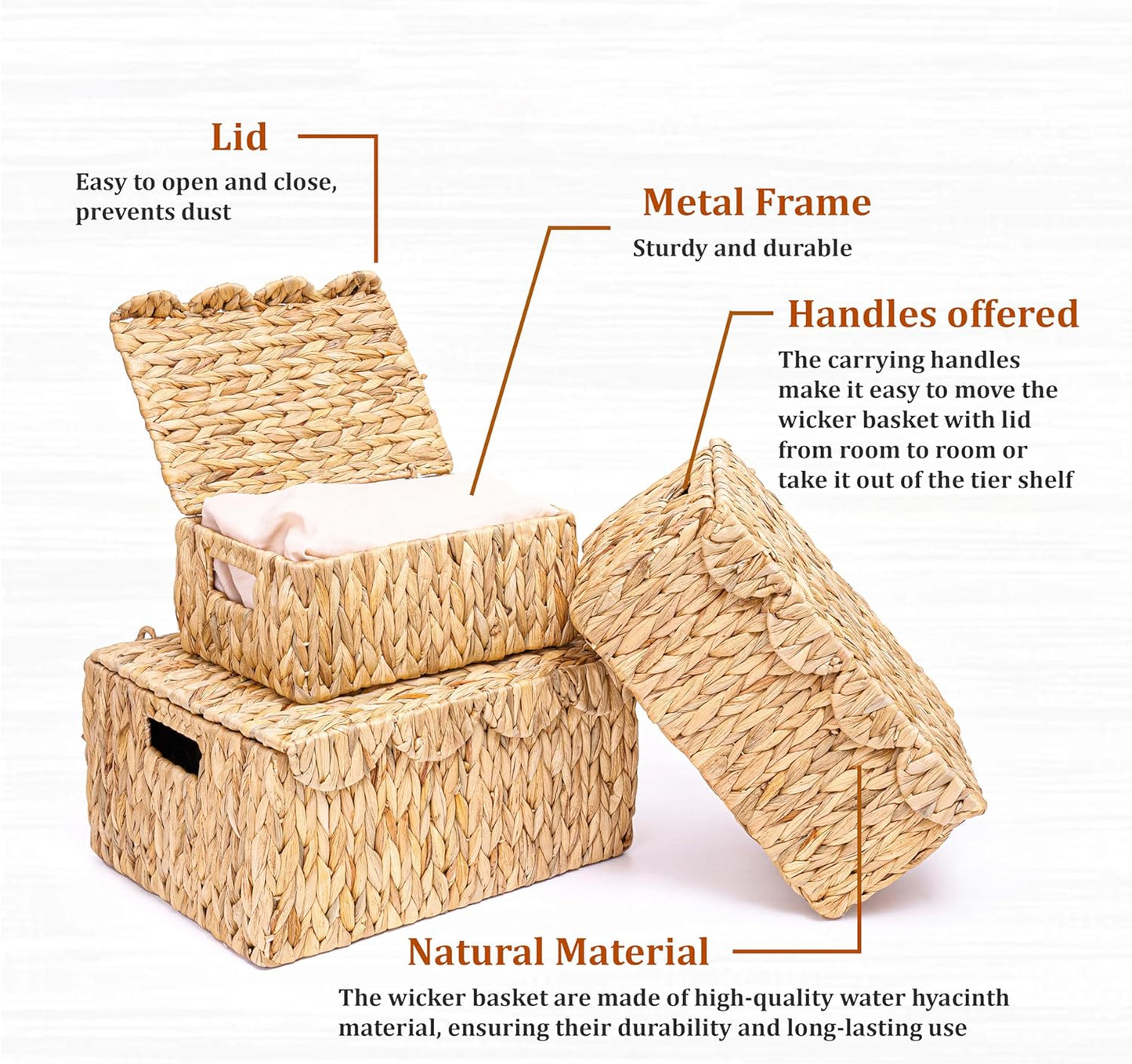 Set 3 LUSYDECO of Scalloped Edge Wicker Basket with Lid, Rectangle Wicker Storage Basket with Built-in Handles