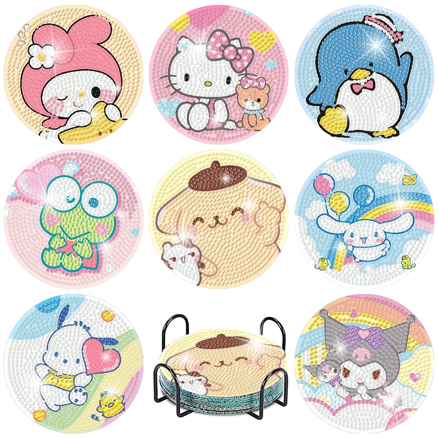 8Pcs Diamond Art Painting Coasters with Holder,DIY Cartoon Life Coaster Diamond Art Kits for Adults Kids,Beginners Round Full Drill Diamonds Art Craft Supplies