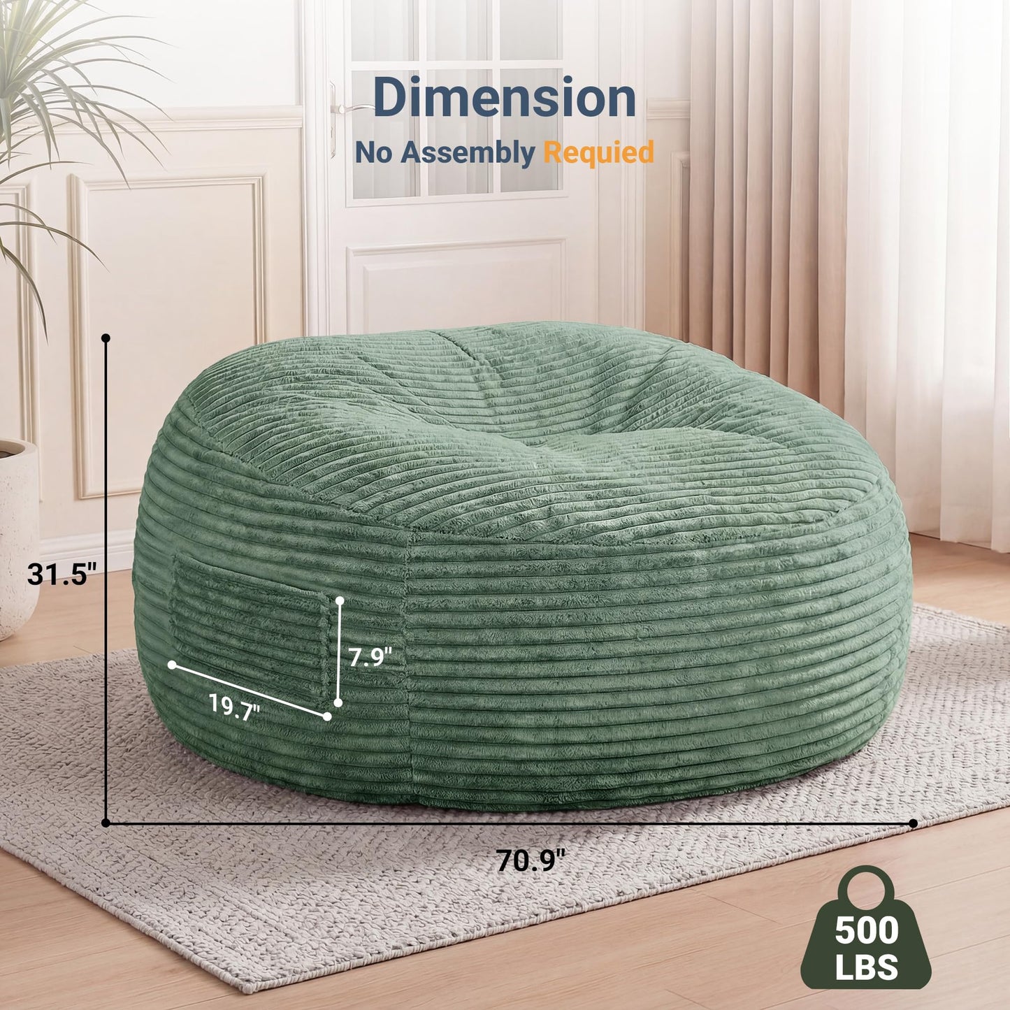 Claiks 8 Ft Giant Foam Bean Bag Chair, Oversized Couch with Removable Cover, Soft Plush Bean Bag Chairs for Adults and for Kids Teens Adults in Living Room, Green