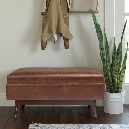 SIMPLIHOME Owen Small Rectangular Storage Ottoman - 36 inch Wide Upholstered Vegan Leather Lift-Top Ottoman in Distressed Saddle Brown, Mid-Century Modern Ottoman for Living Room with Tufted Detail