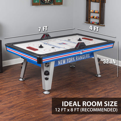 NHL Air Powered Hockey Table - New York Rangers - 84 Inch - Features Scratch Resistant Material, Automatic Scoring, and Built-In Accessory Storage
