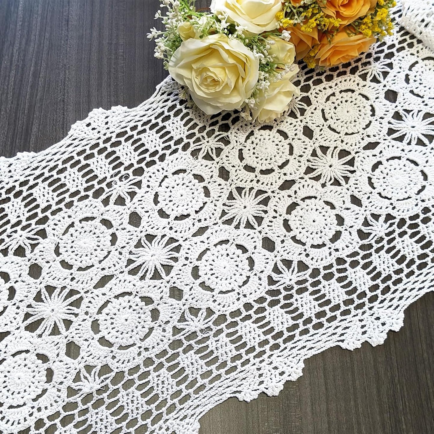15.7"x47" USTIDE Handmade Crochet Table Runner White Rectangular Cotton Lace Table Runners Table Doily for Dresser