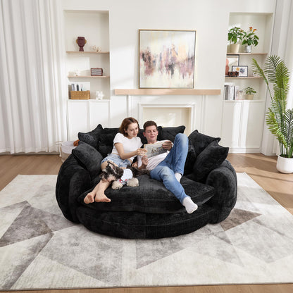 81" Round Sofa Bed Big Bean Bag Round Chaise Lounge Oversized Round Couch Boneless Reading Chair Plush Fluffy Chenille Large Chaise Chair for Living Room, Bedroom, Apartment, Black