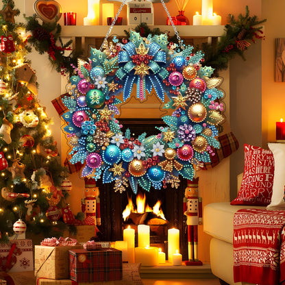 JJFox Diamond Art Hanging Kit for Adult,Special Shaped Rhinestone,Double Sided 5D DIY Acrylic Diamond Art Painting Window Pendants Home Garden Wall Hanging Kits Hanging Ornament (Christmas Wreath)