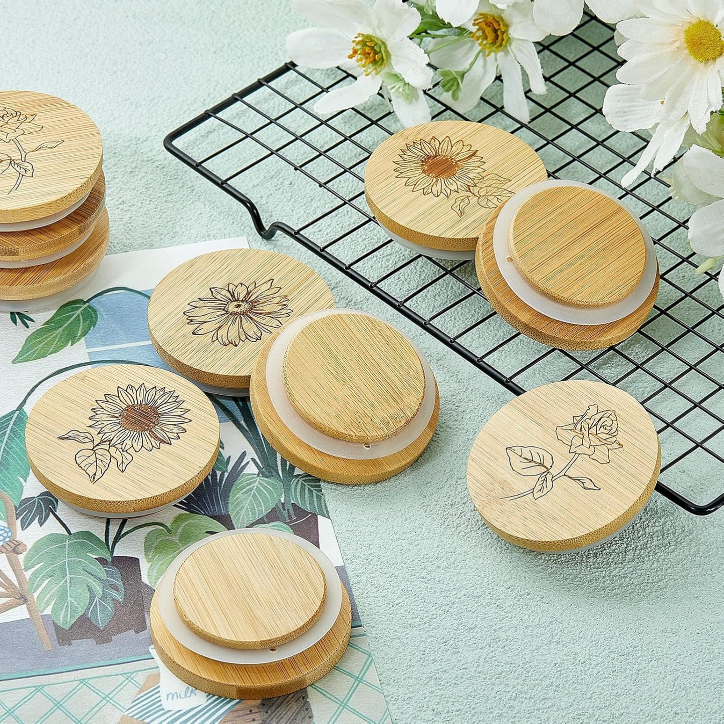 18 Set Gueevin Pieces Yogurt Jar Lids Bulk Bamboo Wooden Lids Compatible with Oui Yogurt Jars Round Reusable