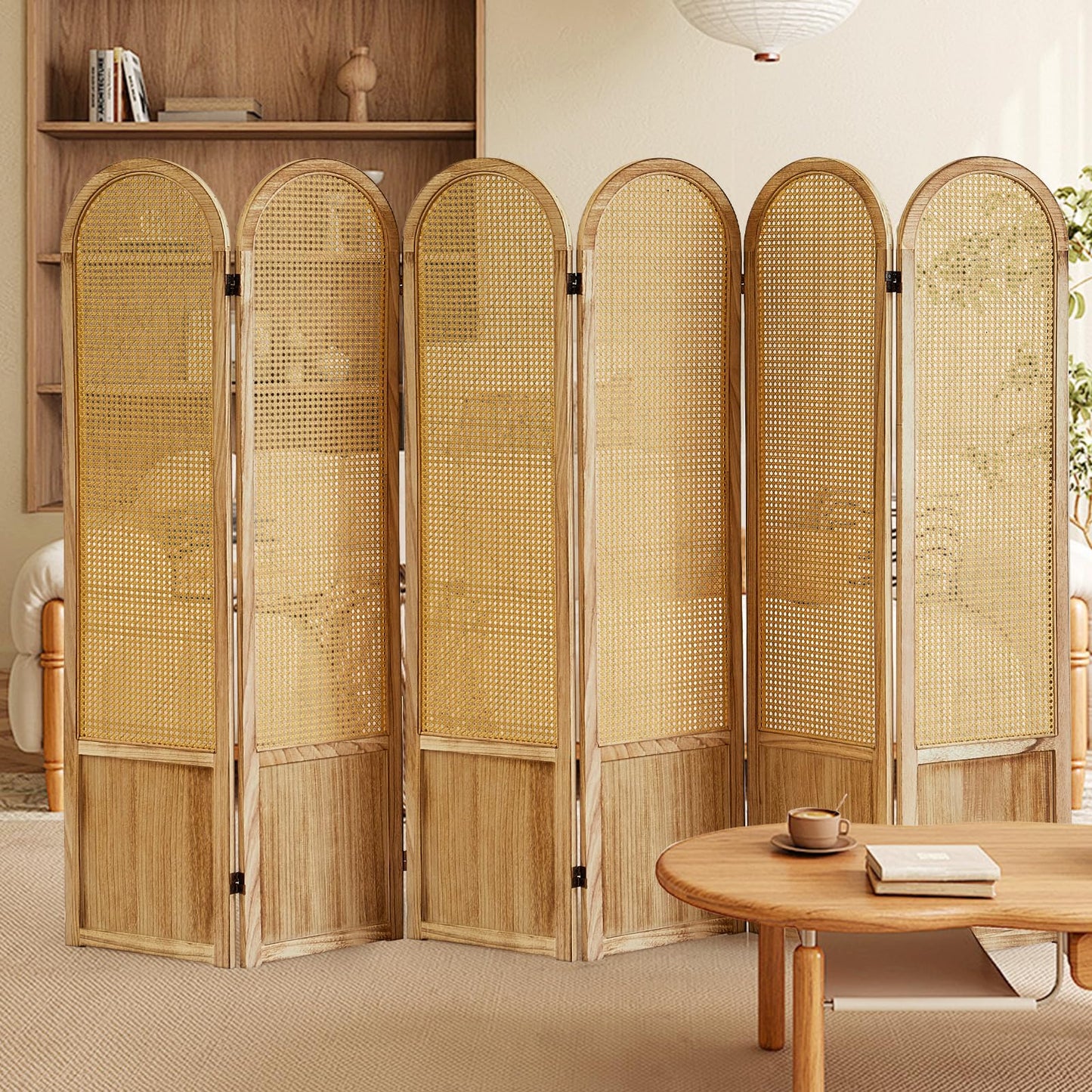 Asnefeli 6 Panels Room Divider, Folding Privacy Screen, Foldable Wood Rattan Room Divider Panel, Portable Partition Screen Wall Divider for Room Separation Bedroom Home Office Garden Terrace (Natural)