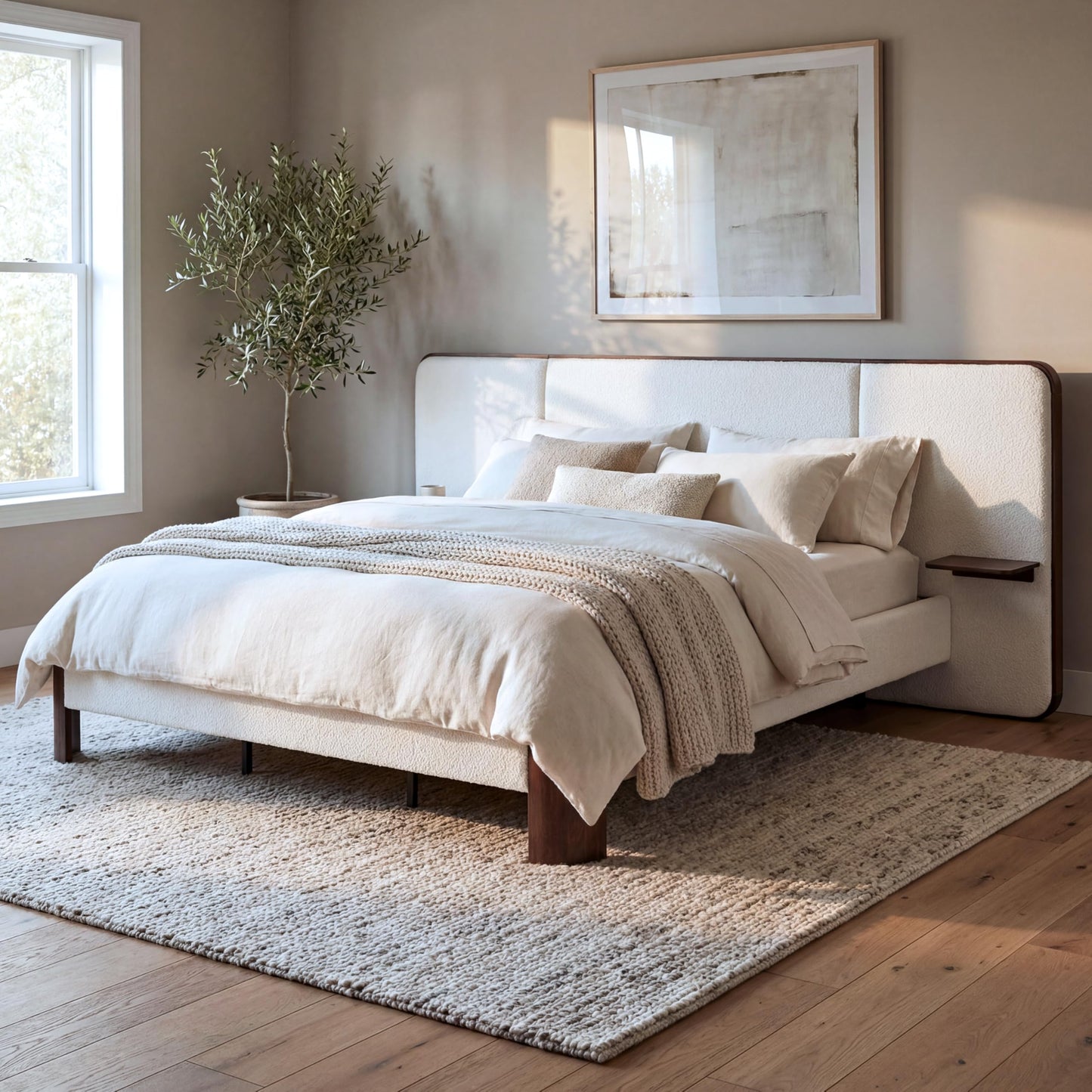 Merax King Size Upholstered Platform Bed Frame with Large Curved Headboard,Built-in Floating Shelves,Wood Slats and Metal Support for Bedroom,Noise-Free