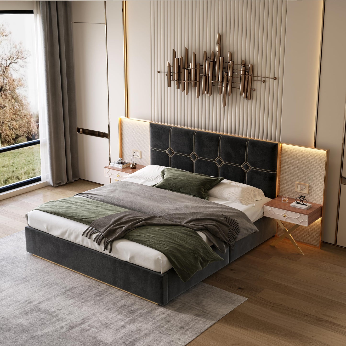 GDFStudio King Size Velvet Platform Bed Frame with LED Wall Lights & Floating Nightstands, Upholstered Headboard with Metal & Wood Frame, No Box Spring Needed, Easy Assembly, Black