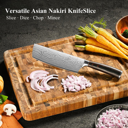 Sunnecko Japanese Nakiri Knife 7 Inch - Carbon Steel Chef Knife Vegetable Cleaver with Sheath, Kitchen Gift for Home Cooks, Professional Kitchen Knife Gift Box