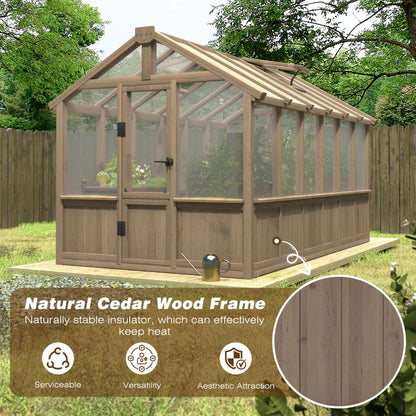 Yardenaler 6x12 FT Greenhouse Kit, Wood Greenhouses with 6MM Thick Polycarbonate Panel for Outdoor, Walk-in Green House with Lockable Door & Adjustable Roof Vent, Backyard, Garden, Light Mocha Brown