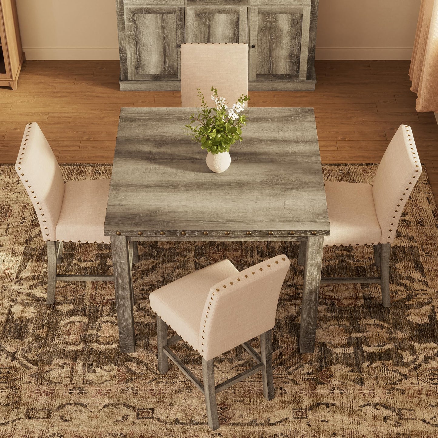 Farati Counter Height Dining Table Set for 4,Farmhouse Dining Table Set for 4,Square Bar Kitchen Dining Table with 4 Bar Stools,High Dining Table and Chairs for Dining Room, Kitchen