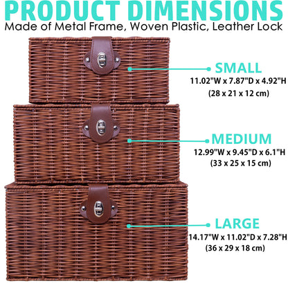 Homepeaz Set of 3 Woven Wicker Storage Basket Box with Lids & Lock, Built-in Carry Handles, Multifunctional Storage Organizer for Nursery, Baby, Clothes, Toys, Books, Large/Medium/Small Size (Natural)