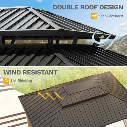 DWVO 11X13FT Gazebo Wood Outdoor Wooden Frame Double Roof Hardtop Galvanized Steel Top Canopy w/Curtain and Netting, Patio Heavy Duty for Deck, Backyard, Beige Yellow