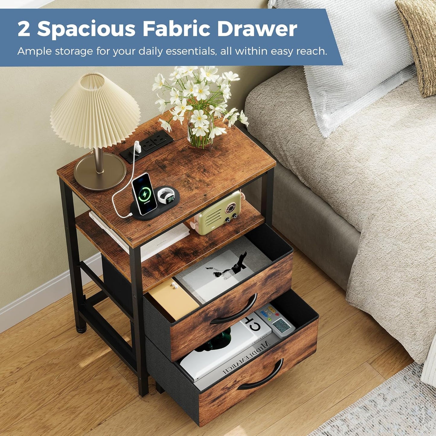 2 OLIXIS Nightstand with Charging Station, Bedside Table with USB Ports & Type-C, Fabric Drawers Night Stand with Open