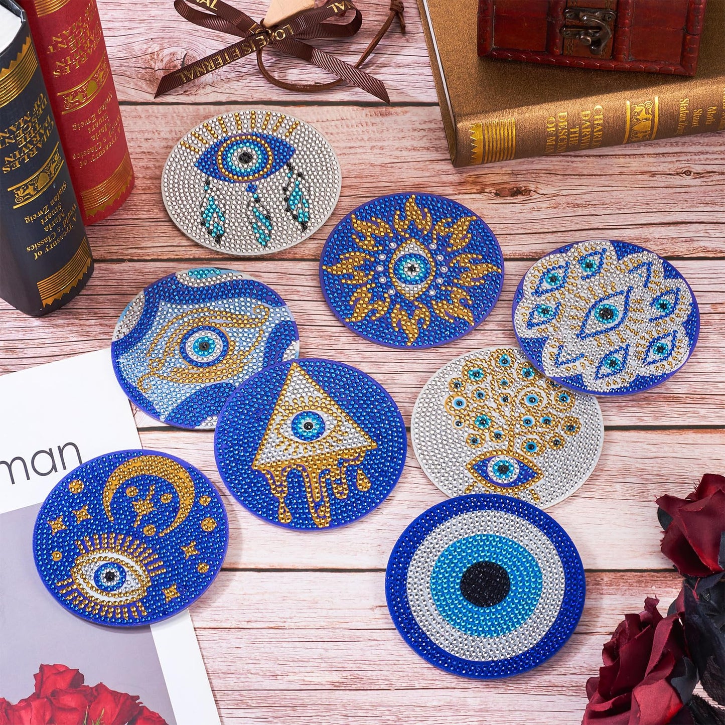 Cheriswelry 8Pcs Evil Eye Diamond Painting Coasters Set Bohemia Style Art Painting Coasters with Holder 5D DIY Diamond Painting Drink Mat Kits for Beginners Adults Kids DIY Coasters
