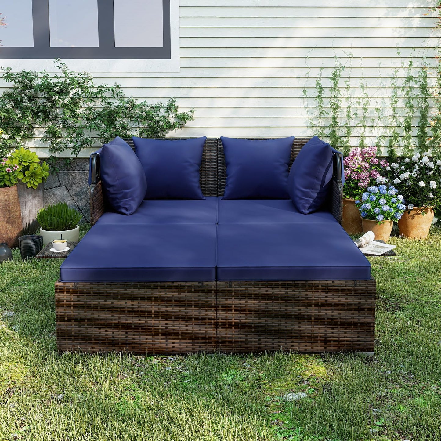 RELAX4LIFE Patio Outdoor Daybed with Canopy, Wicker Rattan Sunbed w/Cushions, 4 Pillows & 2 Retractable Side Trays, 2-Person Lounge Bed Conversation for Poolside Porch Garden (Mix Brown-Navy)