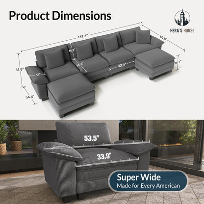 HERA'S HOUSE 158" Modular Sectional Sofa, Oversized U Shaped Couches for Living Room, Comfy Cloud Couch with Ottoman, 6-Seater Deep Seat Sofa with Throw Pillow, Corduroy Grey