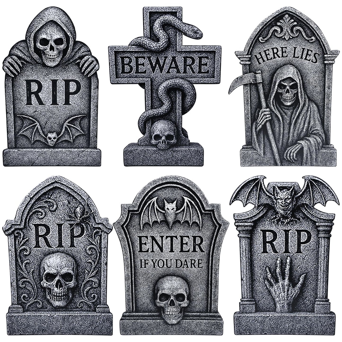 6 Pack Halloween Yard Signs Tombstone Set – 15 x 10 Inch Large Plastic Graveyard Decorations with Stakes, RIP Skull and Skeleton Tombstones for Lawn, Outdoor Haunted House and Party Decor