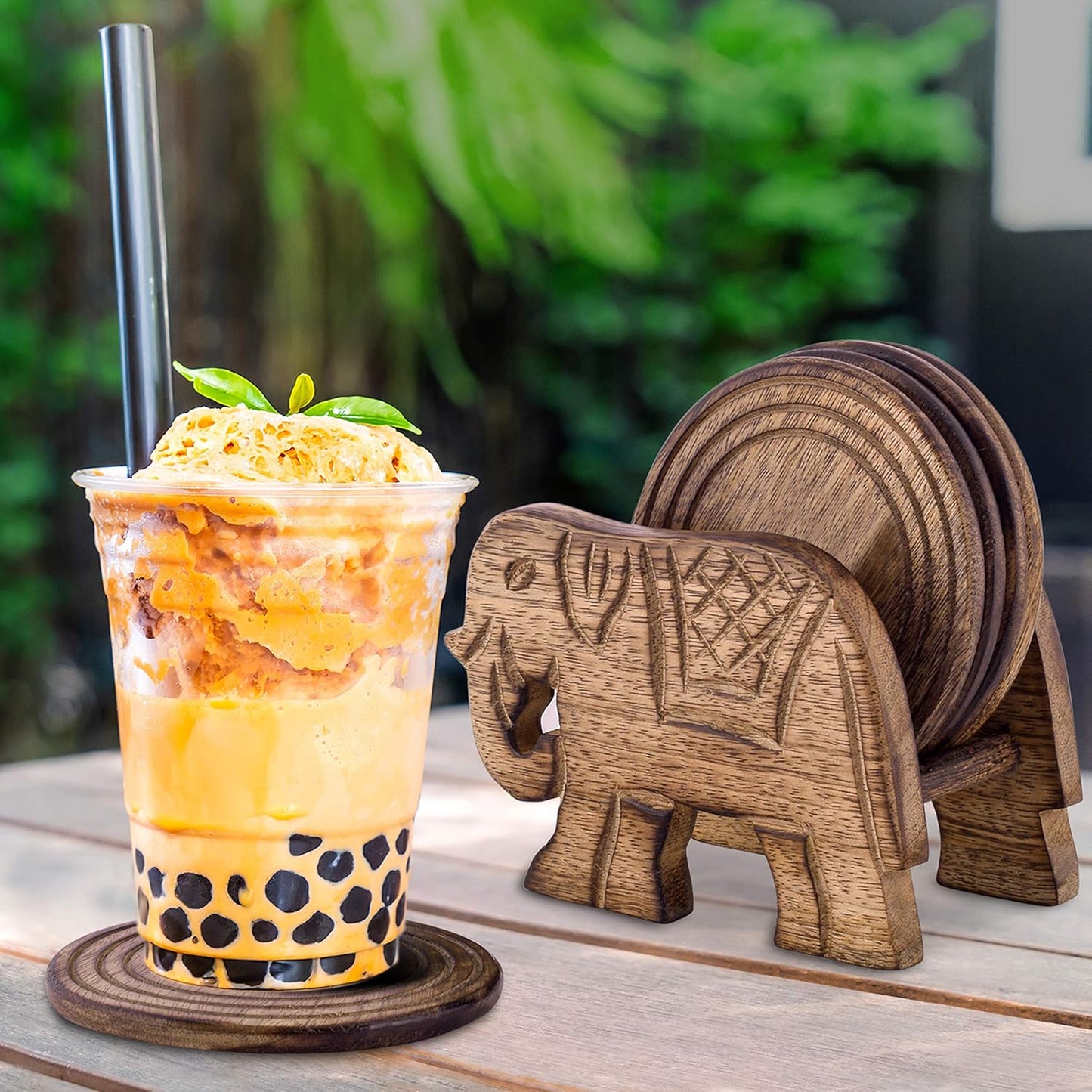Divit Coasters Wooden for Drinks, Eco-Friendly, Absorbent Handcrafted Coasters with Antique Look (Elephant)