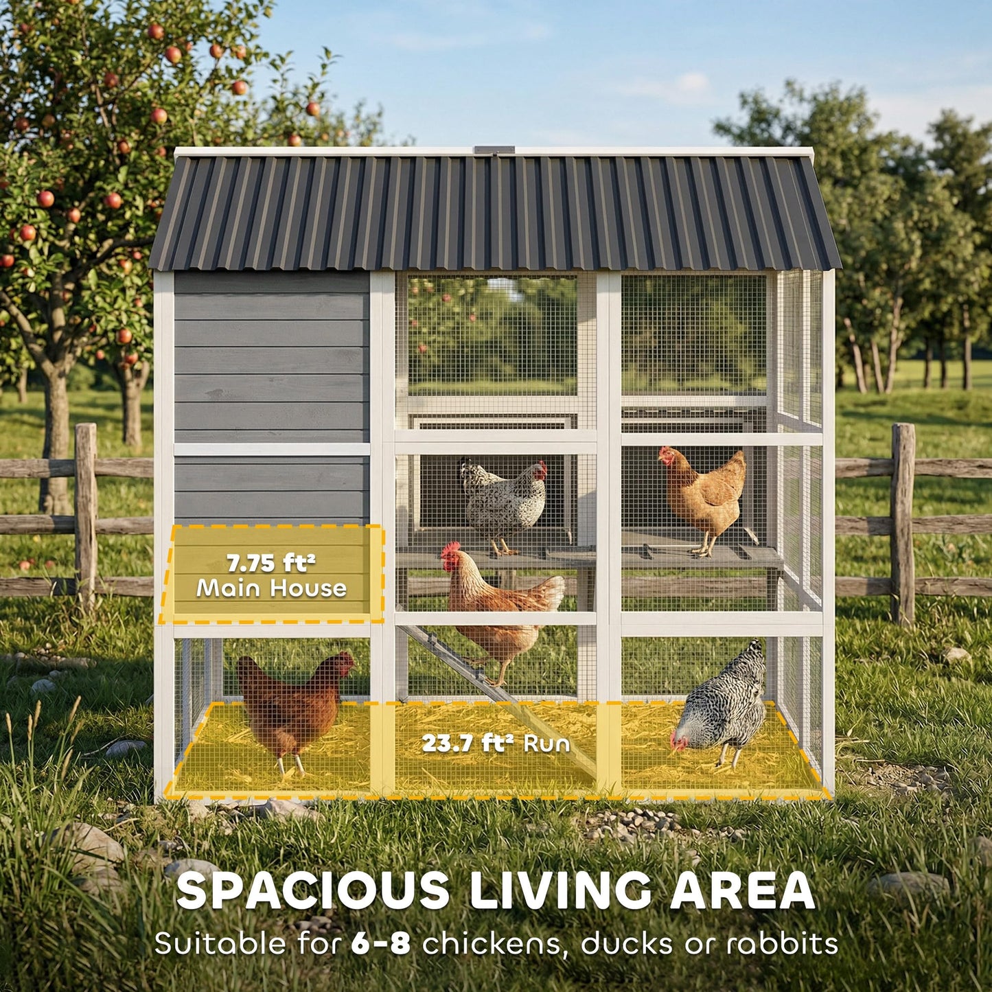 PawHut 77" Large Chicken Coop for 6-8 Chickens, Outdoor Wooden Hen House Poultry Cage with Run, 3 Nesting Boxes, Waterproof Roof, Removable Tray, Ramp for Farm Backyard, Gray