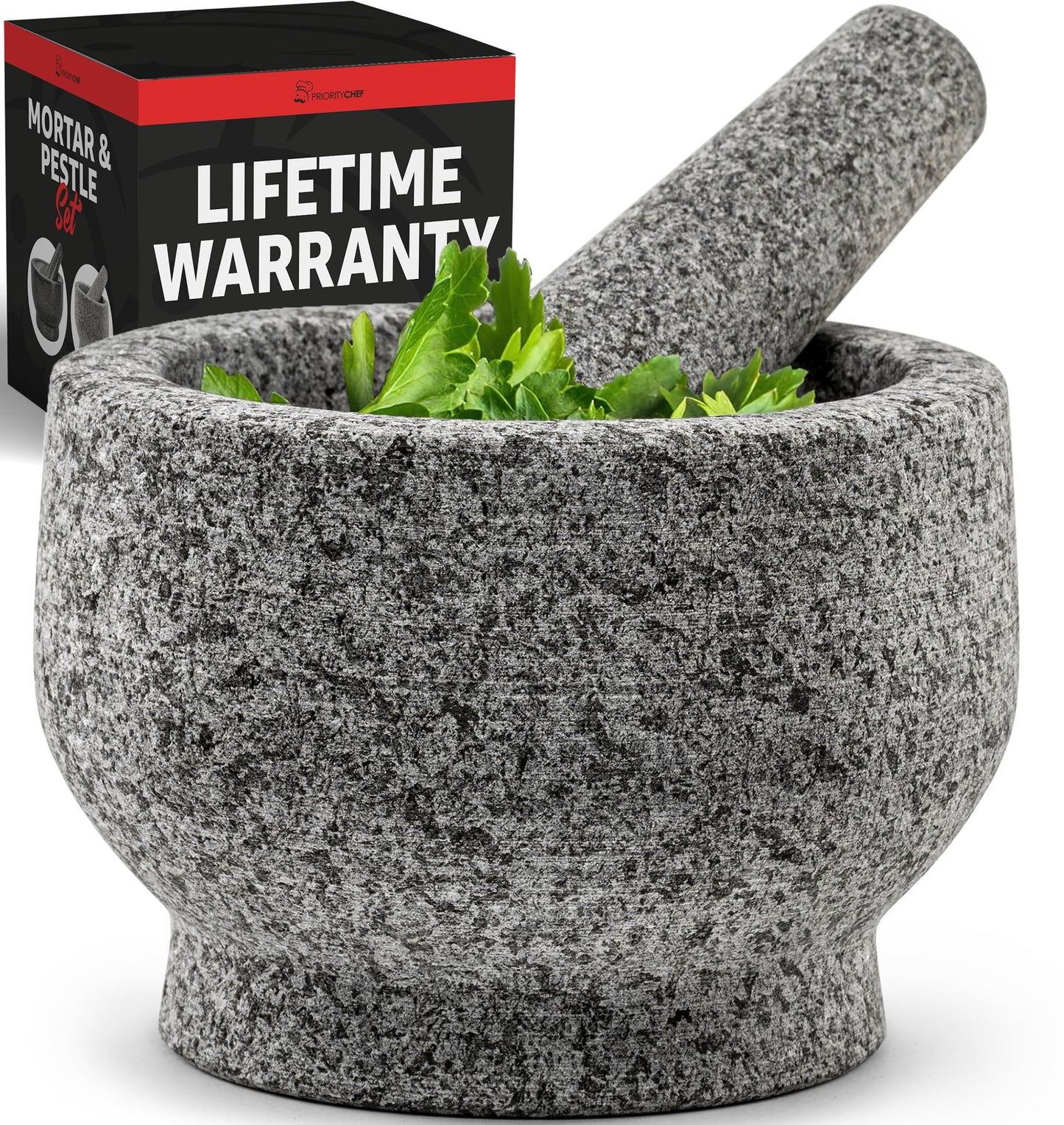 PriorityChef Large Mortar and Pestle Set, Heavy Duty Natural Granite, Make Fresh Guacamole at Home, Solid Stone Grinder Bowl, Herb Crusher, Spice Grinder, 2 Cup Size, Unpolished Grey