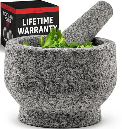 PriorityChef Large Mortar and Pestle Set, Heavy Duty Natural Granite, Make Fresh Guacamole at Home, Solid Stone Grinder Bowl, Herb Crusher, Spice Grinder, 2 Cup Size, Unpolished Grey