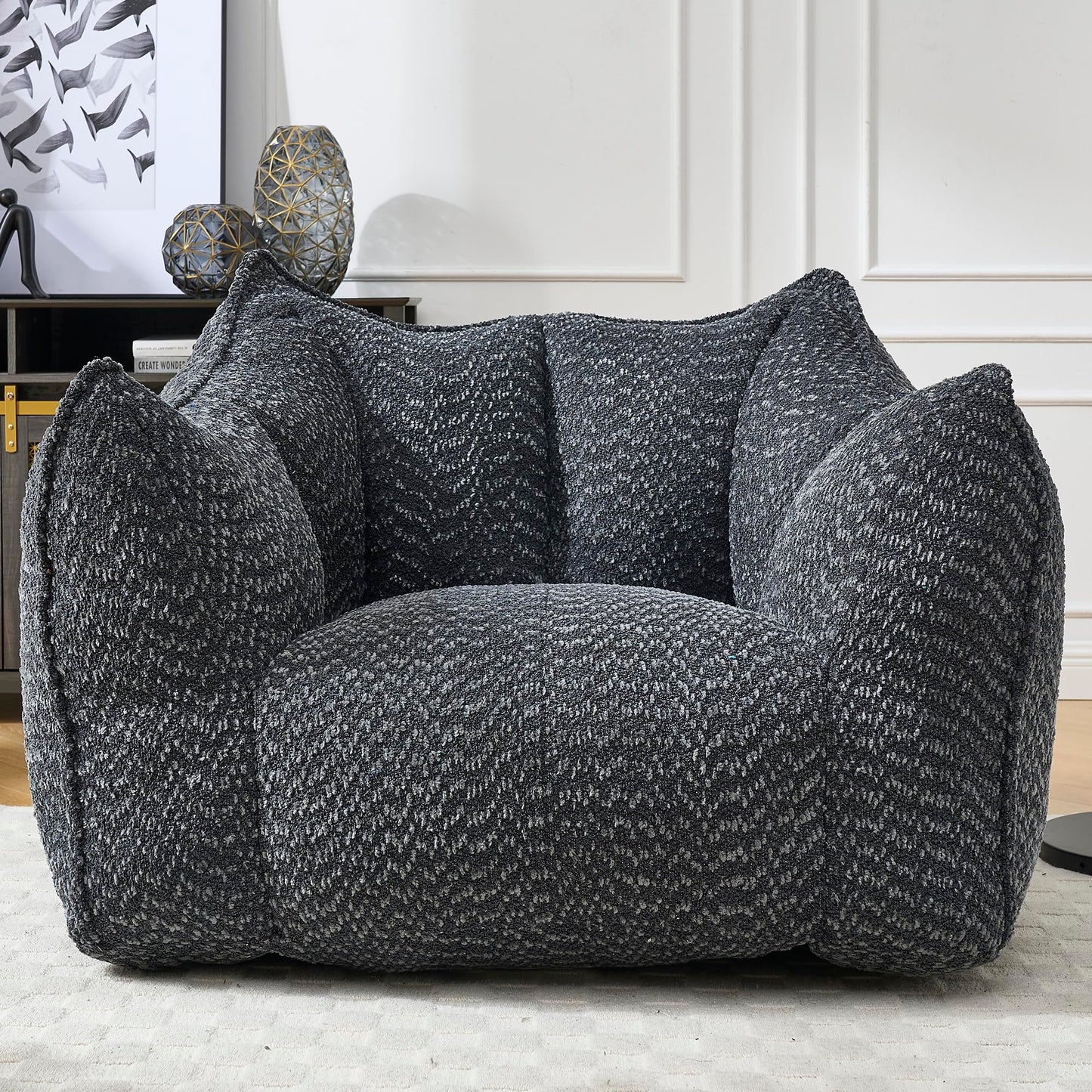 Large Chenille Bean Bag Chair for Adults - Oversized Square Lazy Sofa, Comfortable Gaming Reading TV Seat, 47.2" W x 36.2" D, Black, Living Room & Bedroom Essential