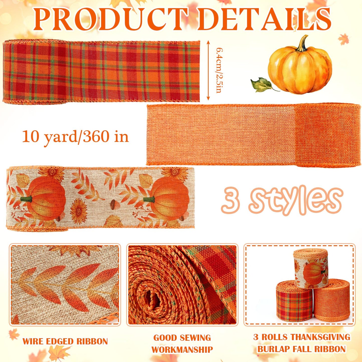 Riceshoot 3 Rolls Thanksgiving Pumpkin Wired Ribbons 2.5 Inch x 30 Yards Fall Pumpkin Buffalo Plaid Ribbon Autumn Harvest Crafts for Wreaths Bow Making Supplies Gifts Wrapping Decoration