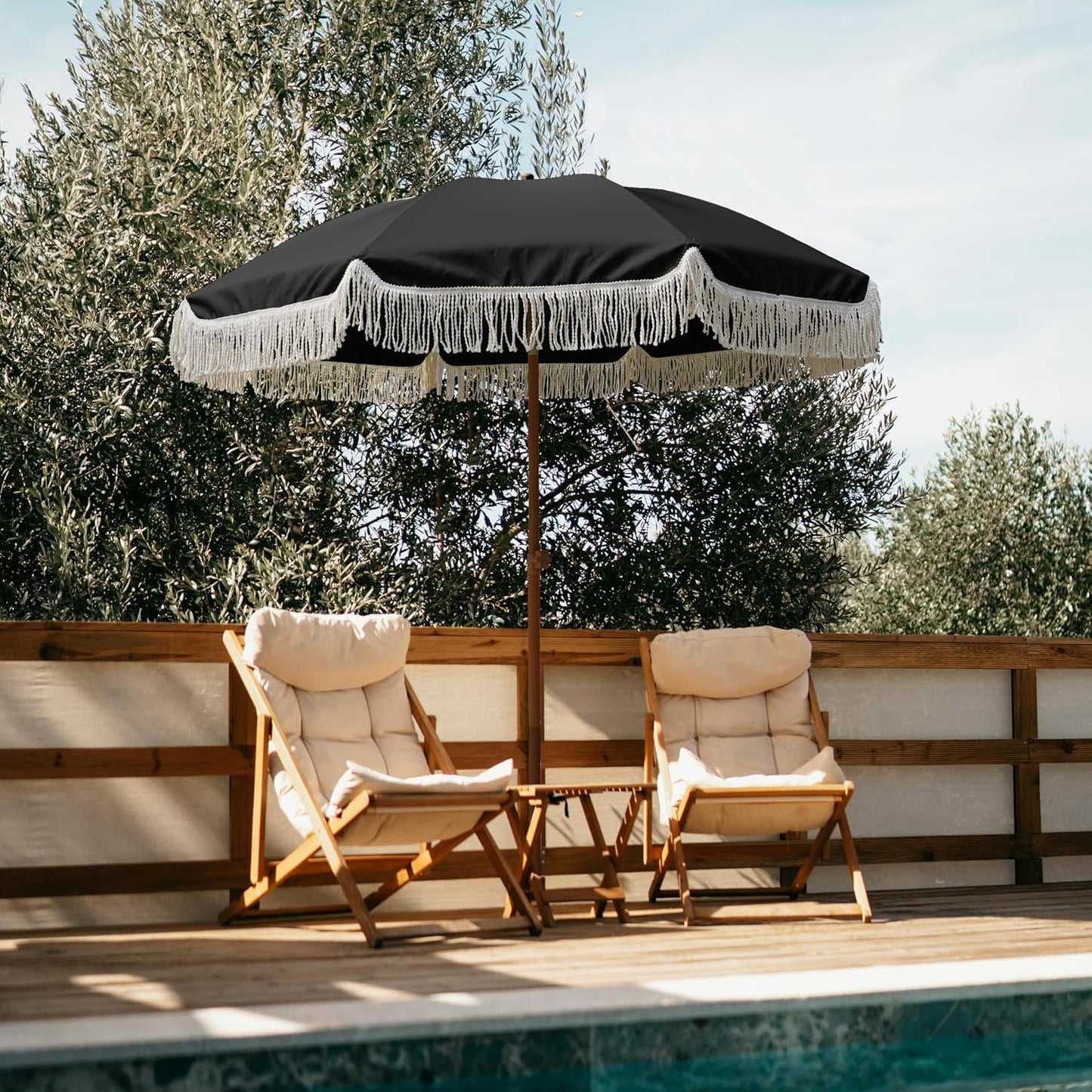 AMMSUN 7ft Patio Umbrella - Stylish Fringe Design with UPF50+ Protection & Steel Pole | Black