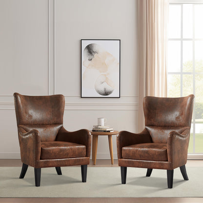 Christopher Knight Home Elber Mid-Century Modern Wingback Accent Chair Set of 2, Faux Suede Fabric Upholstered Club Chairs Set with Cushions, Wooden Comfy Reading Chair for Bedroom Living Room, Brown