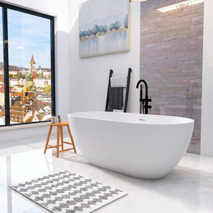 MEDUNJESS 59'' Freestanding Tubs Bathtub Bathroom Solid Surface Resin Stone Bathtubs soaker Tubs Oval Shaped Matte Luxury Modern Soaking Tub with Overflow and Pop-up Drain - White