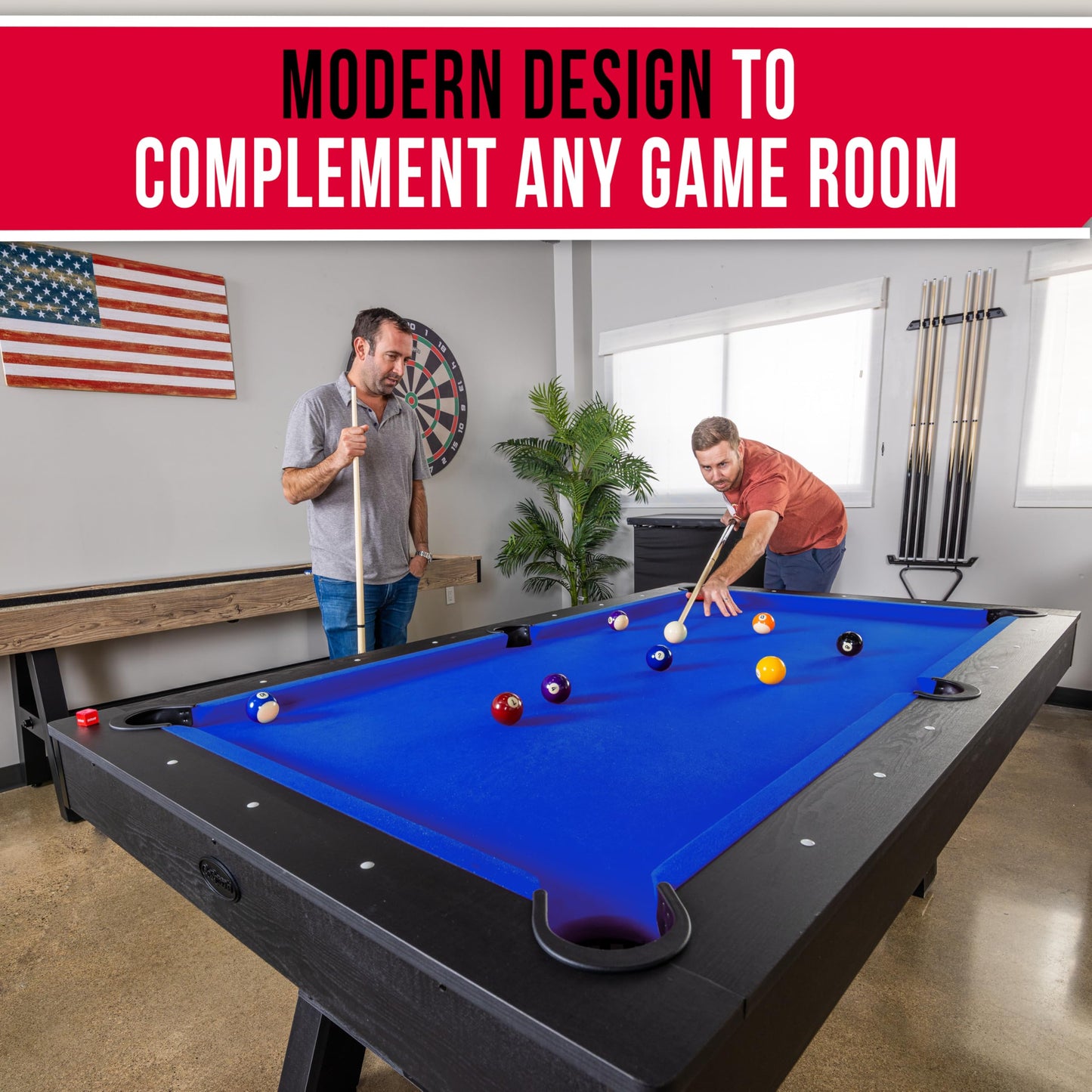 GoSports 7 ft Pool Table with Wood Finish - Modern Billiards Table with 2 Cue Sticks, Balls, Rack, Felt Brush and Chalk - Choose Your Style