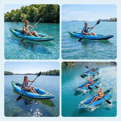 GarveeLife Inflatable Kayak for Adults - 400 LBS Capacity 1-2 Person Blow Up Boat with Paddle, Seat, Pedal, Hand Pump & Storage Bag, Blue/Sky Blue