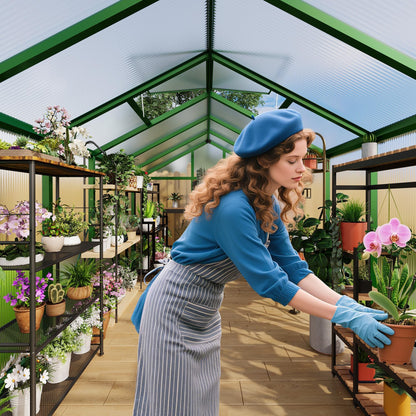 8 x 12 FT Greenhouse, Outdoor Sliding Door, Polycarbonate Greenhouse with Aluminum Frame, Lockable Door and Ajustable Roof Vent for Backyard, Outside Garden Backyard, Patio, Green