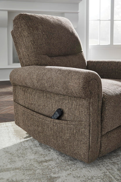 Signature Design by Ashley Aureta Classic Stain Resistant Power Lift Recliner with Side Pocket, Heat and Massage, Dark Brown