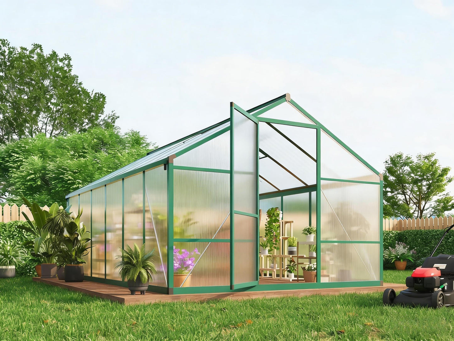8 x 12 FT Greenhouse, Outdoor Sliding Door, Polycarbonate Greenhouse with Aluminum Frame, Lockable Door and Ajustable Roof Vent for Backyard, Outside Garden Backyard, Patio, Green