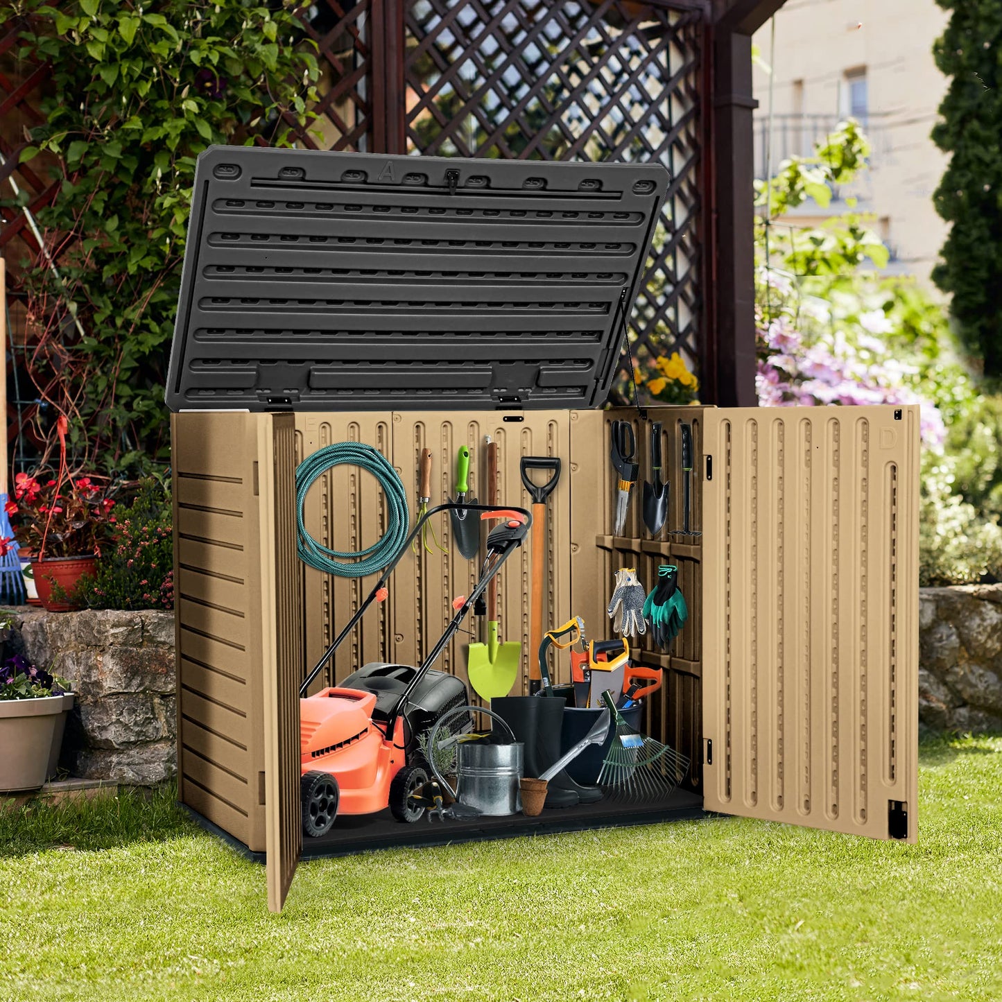 YITAHOME Outdoor Horizontal Storage Sheds w/o Shelf, 35 Cu Ft Lockable Resin Waterproof Shed, Ideal for Garden Tools, Easy to Assemble, Brown