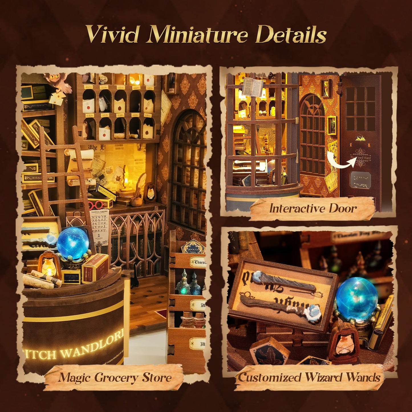 FUNPOLA 3D Wood Puzzle Wizard Wand Book Nook Kit - DIY Miniature Bookshelf Insert with LED Light - Creative Home Decor Gift for Display (Wizard Wand Shop)