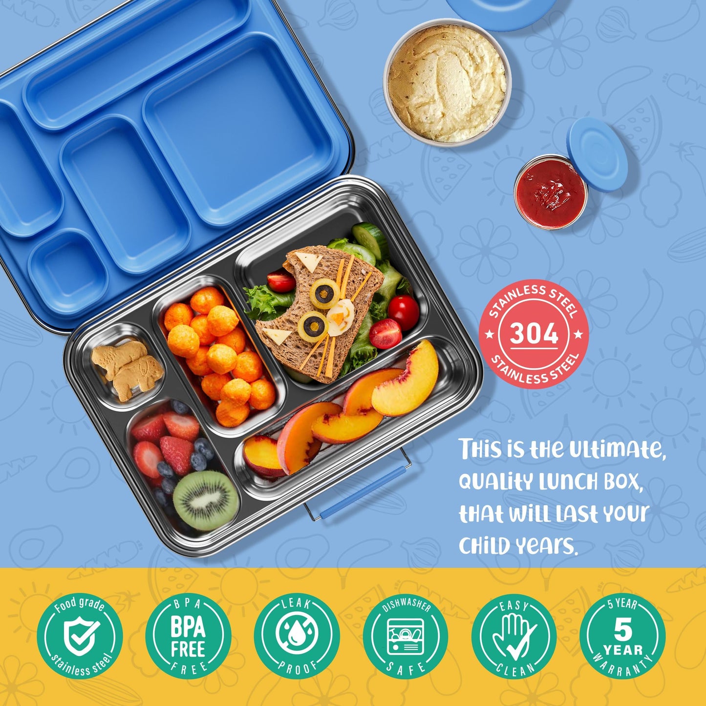 AOHEA Stainless Steel Bento Box Kids, Kids Metal Bento Lunch Box BPA Free Lunch Box Containers 304 Stainless Steel Bento Box for School and Office(Bule)