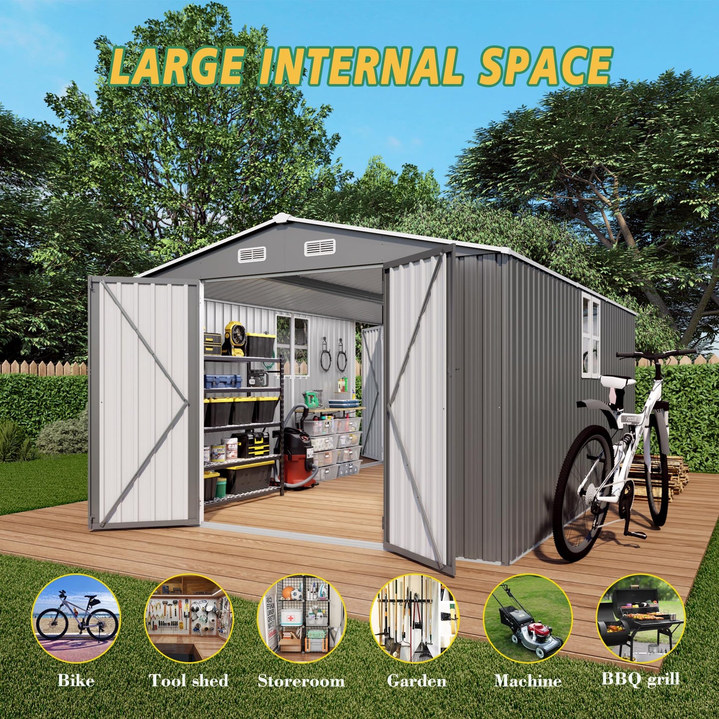 Vigo huseeo 10x14x6.7FT Outdoor Storage Shed, Galvanized Steel Garden Shed with Lockable Door & Window, Waterproof Metal Tool Storage for Garden, Backyard, Patio, Lawn(Grey)
