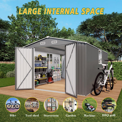 Vigo huseeo 10x14x6.7FT Outdoor Storage Shed, Galvanized Steel Garden Shed with Lockable Door & Window, Waterproof Metal Tool Storage for Garden, Backyard, Patio, Lawn(Grey)