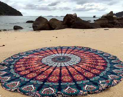raajsee Round Beach Tapestry, 70 Inch Blue Orange Mandala Throw, Boho Hippie Blanket, Yoga Mat, Picnic Rug