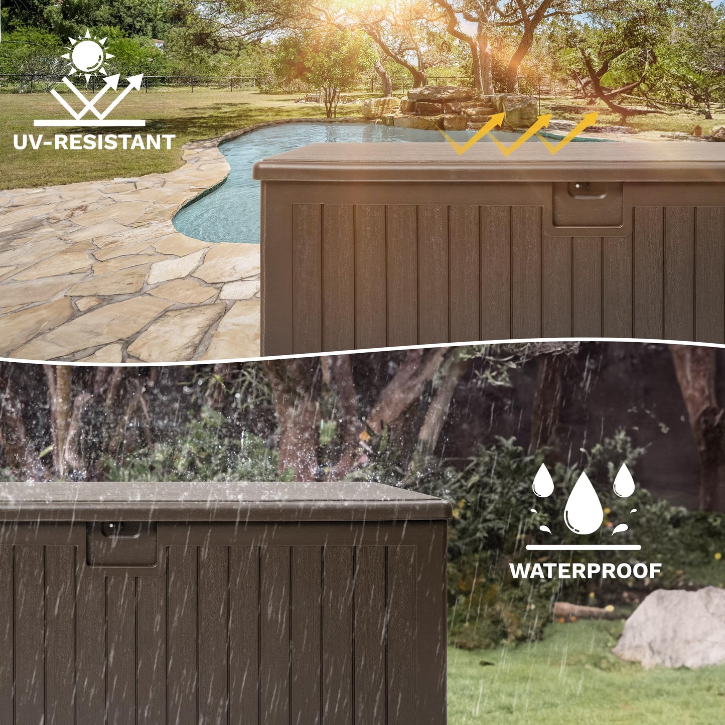 DWVO 260 Gallon Double-Wall Deck Box with Divider, XXL Extra Large Resin Outdoor Storage Box, Lockable & Waterproof, Double as Seating, 1000lbs Capacity (Brown)