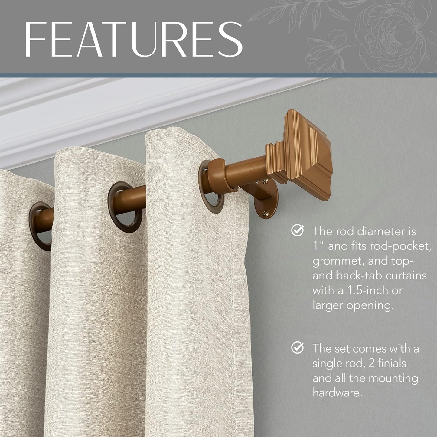 Elrene Home Fashions Florence Single Curtain Rod with Stacked Square Finials, 1" Diameter, Soft Gold, 28X48