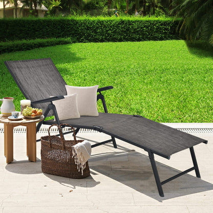 Multigot Folding Sun Lounger Set of 2, 5-Positions Adjustable Reclining Chaise Lounge Chair with 2-Level Footrest & Armrests, Steel Frame Outdoor Sunbed Deck Chair for Poolside Beach Camping (Gray)