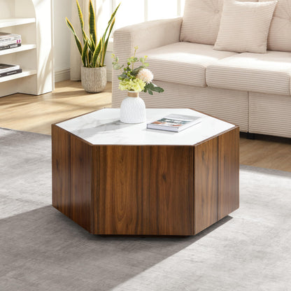 Merax Rustic Retro Coffee Table with 2 Hidden Drawers, Hexagonal Wooden Living Room Table with Textured White Marble Tops, Walunt Oak Finish
