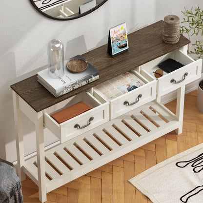 ChooChoo 47" Farmhouse Console Table with 3 Drawers, Rustic Entryway Table, Narrow Long Sofa Table for Living Room, Hallway, Behind Couch, Soft White and Brown