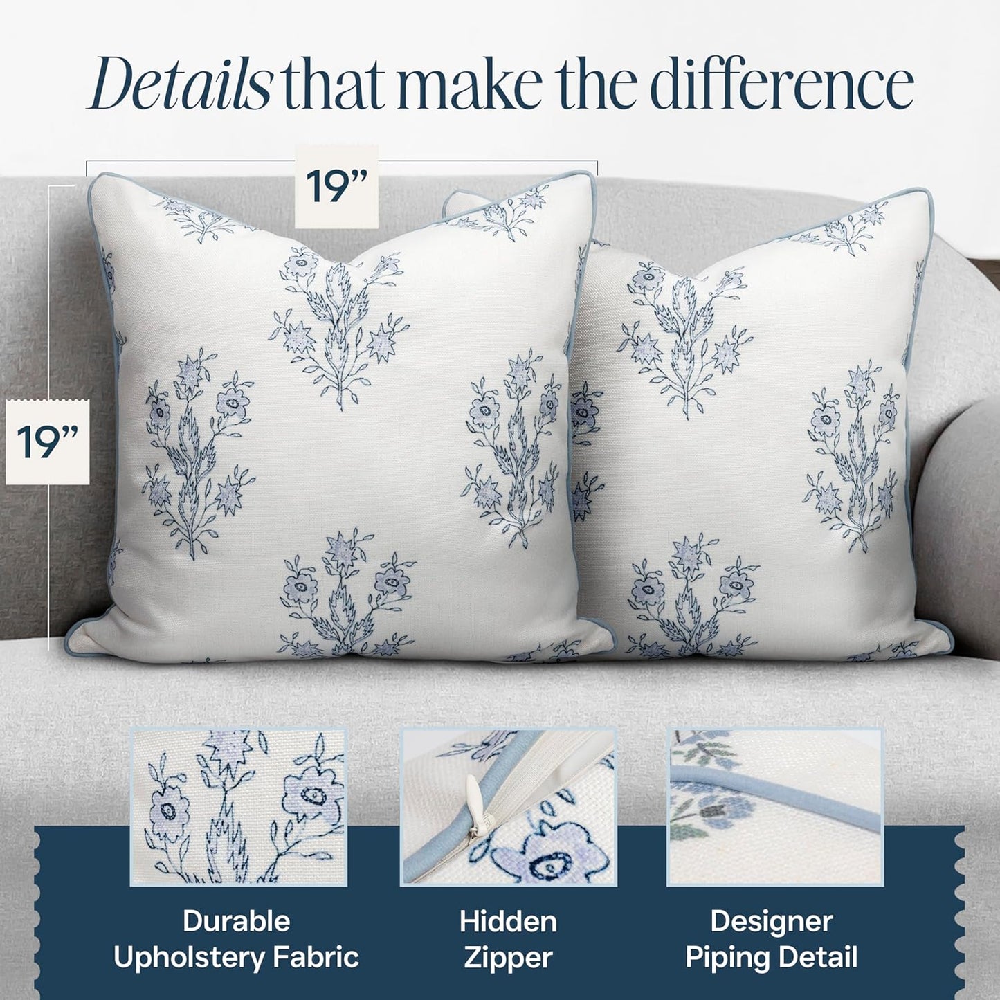 19" 19" Jillien Harbor The Mary Blue and White Decorative Throw Pillow Cover Floral Block Print Pillow Cover