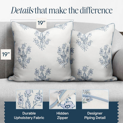 19" 19" Jillien Harbor The Mary Blue and White Decorative Throw Pillow Cover Floral Block Print Pillow Cover